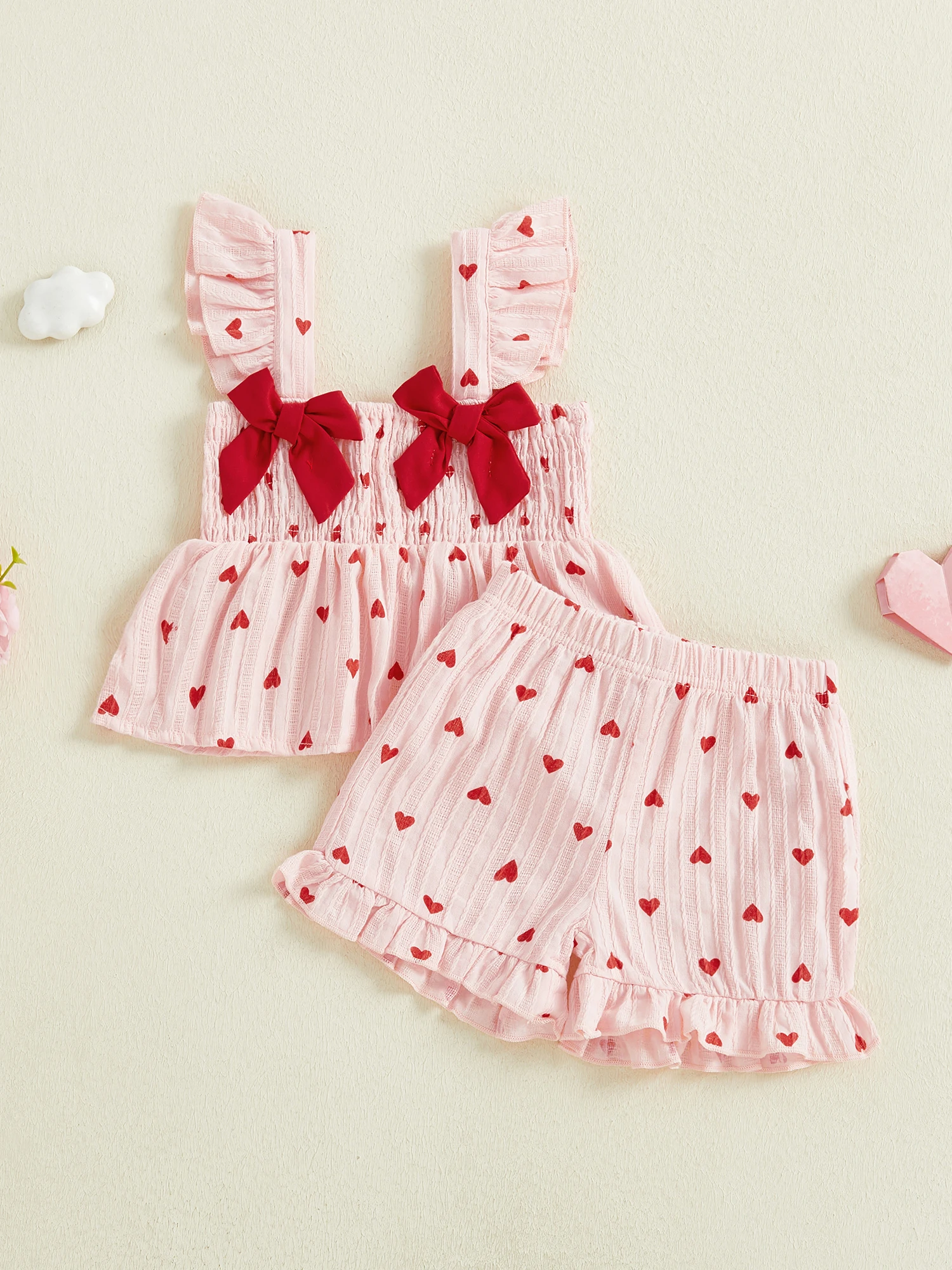 Adorable Baby Girls Valentine s Day Heart Print Ruffle Sleeve Top and Shorts Set for a Sweet Holiday Look