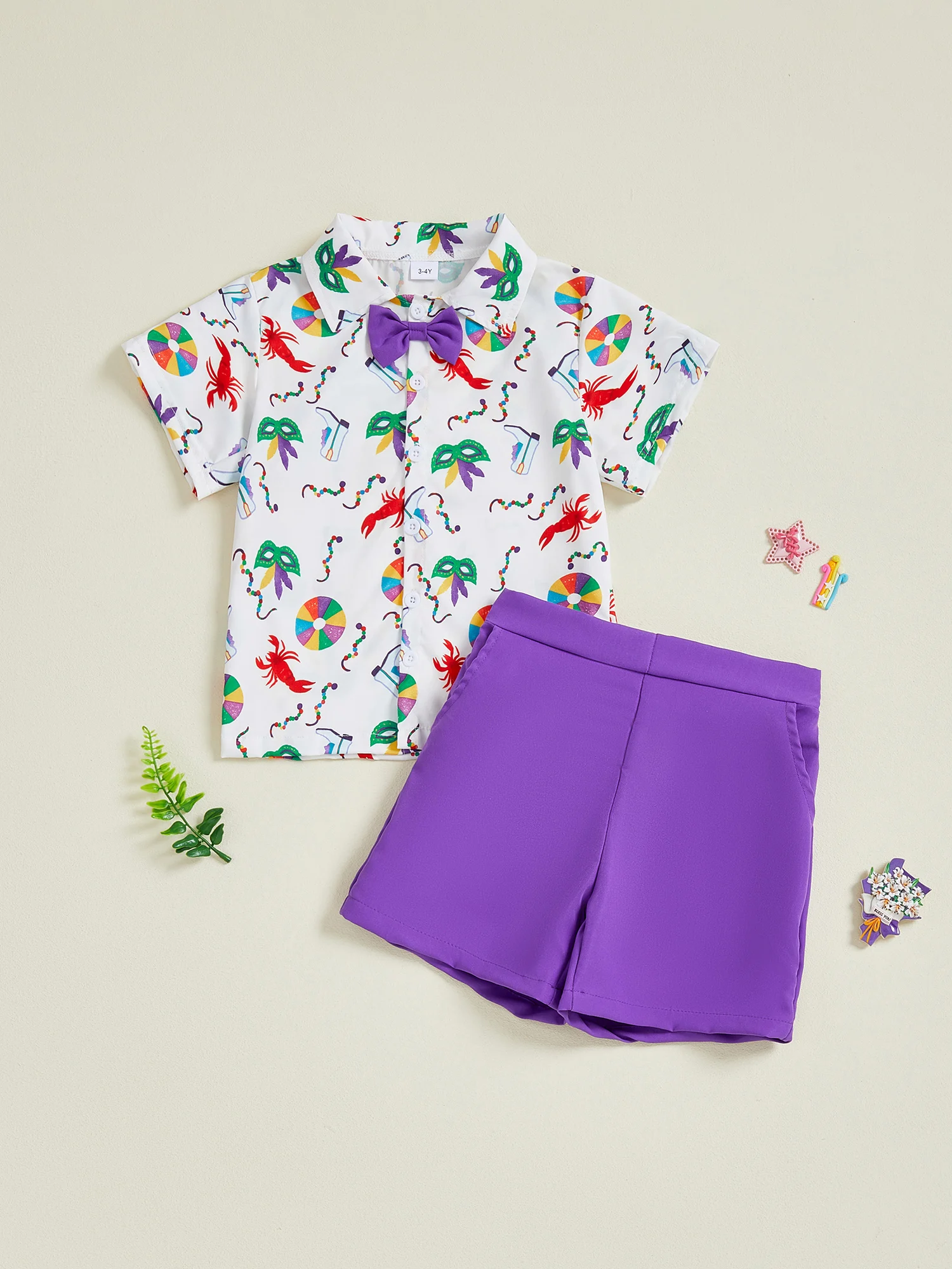 Mardi Gras Toddler Boy Outfit with Colorful Facewear Print Short Sleeve Bowtie Shirt and Elastic Waist Shorts - 2 Piece Set