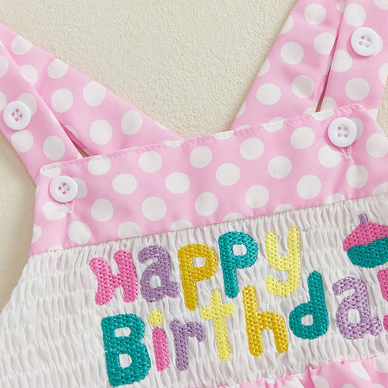 Adorable Toddler Pink Ruffle Sleeveless Romper with Floral Embroidery and Polka Dot Print for Birthday Celebration