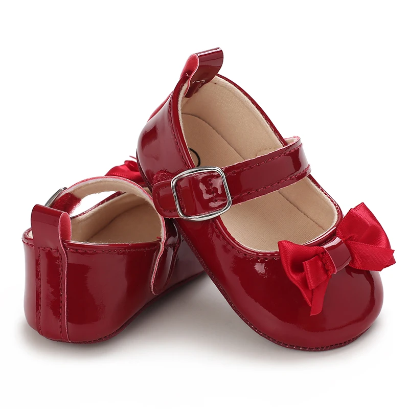 Red classic PU leather girl bow princess flat shoes with anti slip rubber sole walking newborn baby crib dress shoes 0-18M - Image 3
