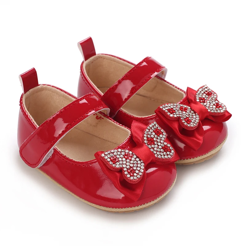 Red classic PU leather girl bow princess flat shoes with anti slip rubber sole walking newborn baby crib dress shoes 0-18M - Image 2