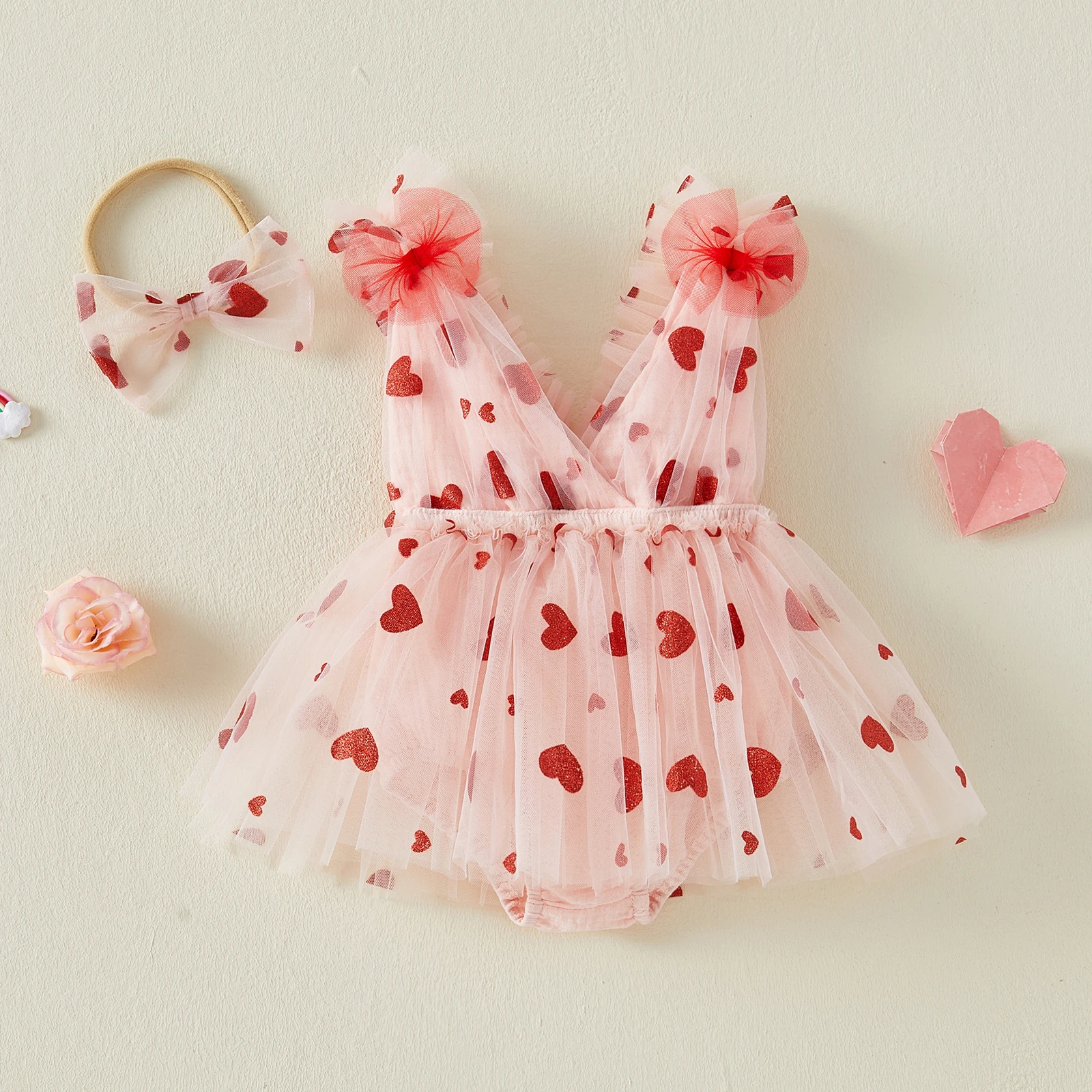 Baby Girl Valentine s Day Outfit Sleeveless V Neck Sequin Heart Print Layered Tulle Romper Dress and Bow Headband Set with