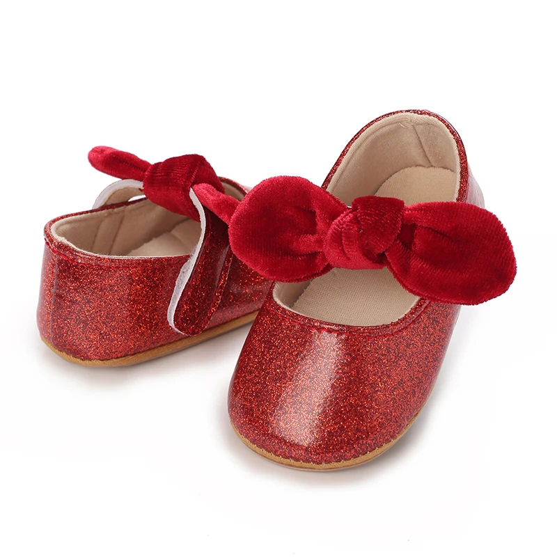 Red classic PU leather girl bow princess flat shoes with anti slip rubber sole walking newborn baby crib dress shoes 0-18M - Image 5