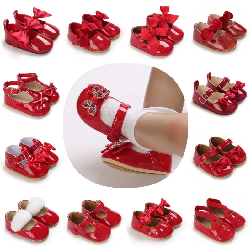 Red classic PU leather girl bow princess flat shoes with anti slip rubber sole walking newborn baby crib dress shoes 0-18M
