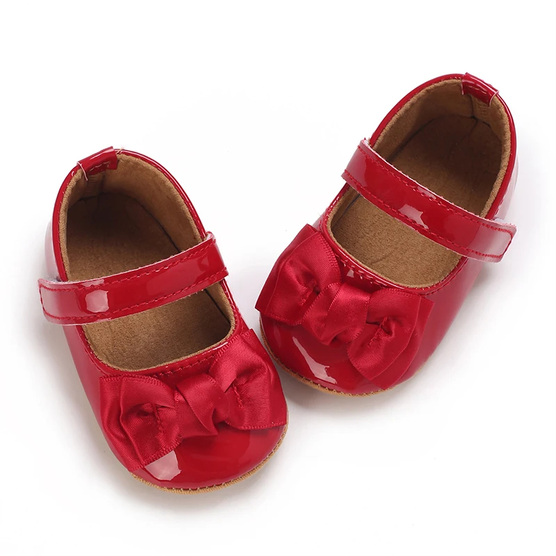 Red classic PU leather girl bow princess flat shoes with anti slip rubber sole walking newborn baby crib dress shoes 0-18M - Image 4