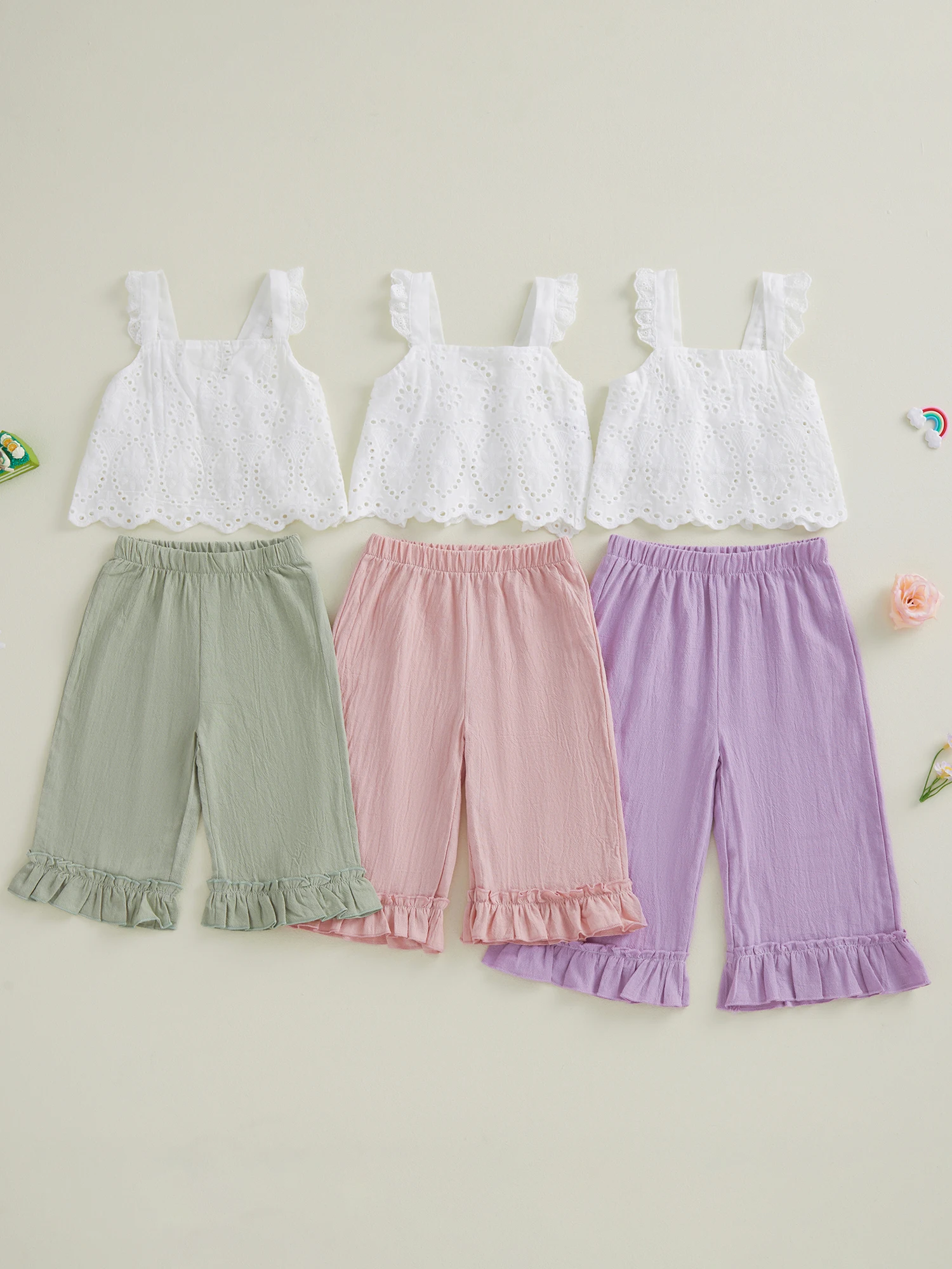 Adorable Baby Girls Summer Outfit Comfortable Cotton Blend Sleeveless Top and Elastic Waist Pants 2 Piece Set with Bow Detail