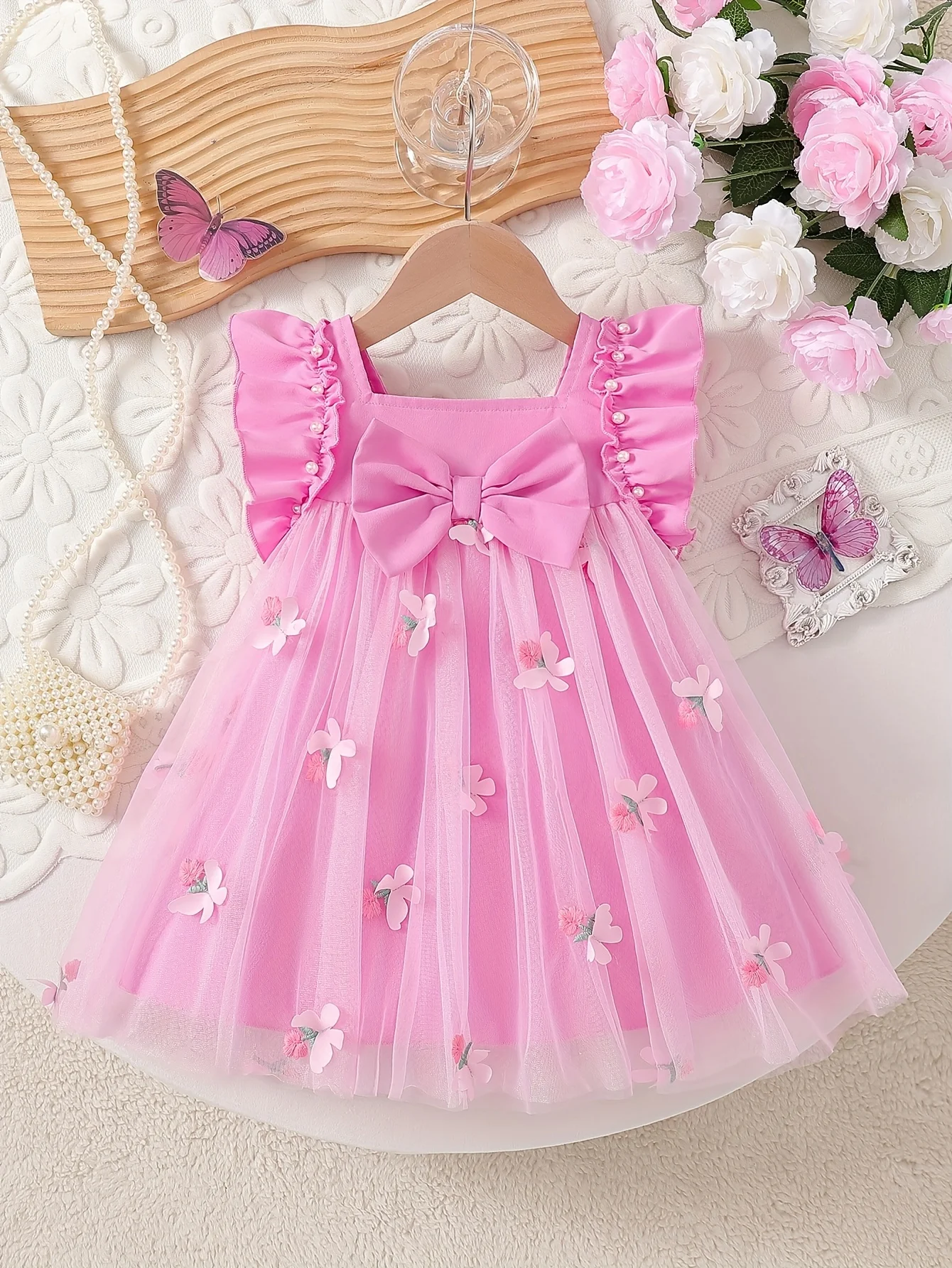 Baby Girl Summer Sweet Flutter Sleeve Bow Princess Dress: Tulle Puff Style, For Special Occasions | Valentine/Birthday Gift