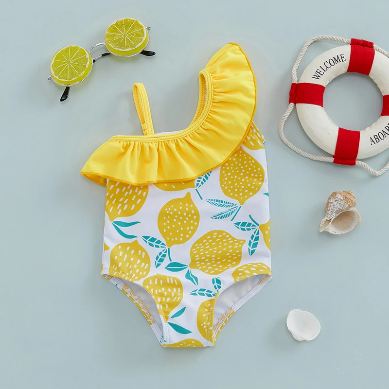 Tregren 1-6Years Kids Girls Summer Swimsuit Ruffle Shoulder Lemon Print Swimwear Bathing Suit Toddler Infant Baby Beachwear