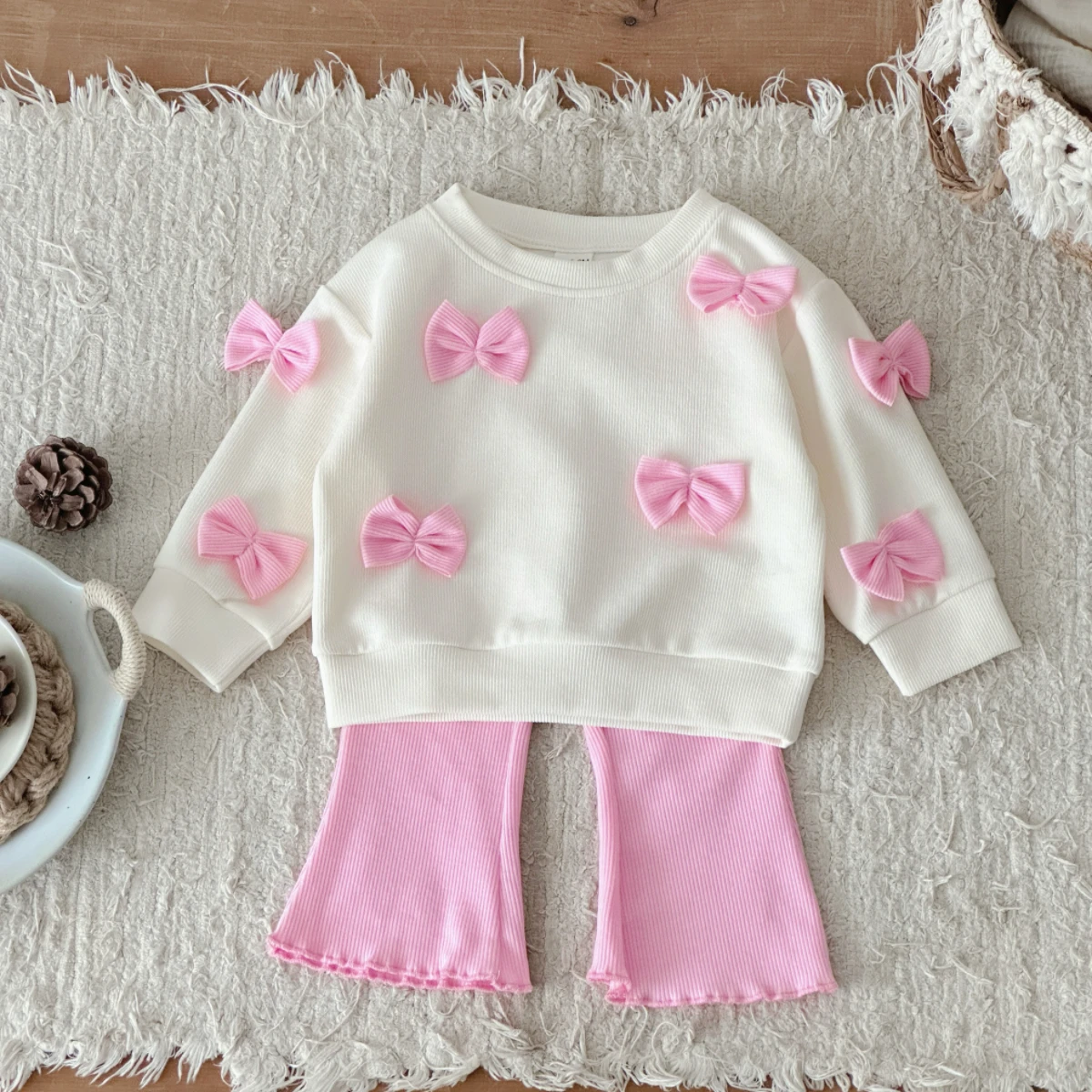 2025 Spring Autumn New Clothing Infant Bowknot Long Sleeved + Pink Flared Trousers Suit Outdoor Fashionable Baby Clothes Set